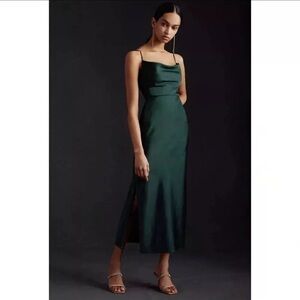 Anthropologie BHLDN Satin Cowl Neck Emerald Green Midi Slip Dress Size 2
